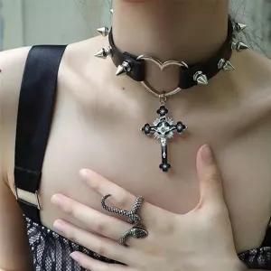 Black Grunge Heart Cross Studded Choker