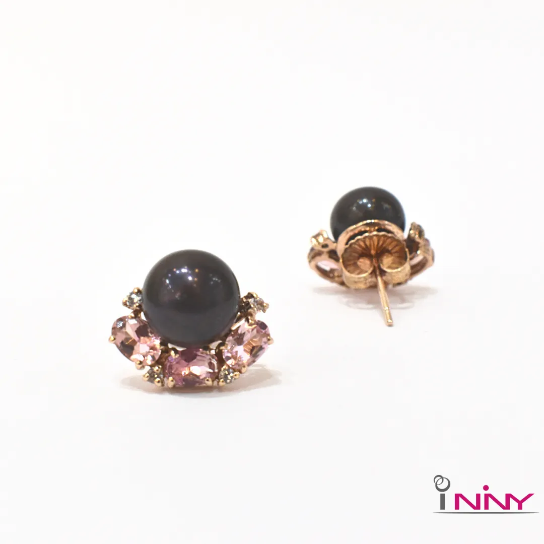 Black Pearl and Tourmaline Stud Earrings