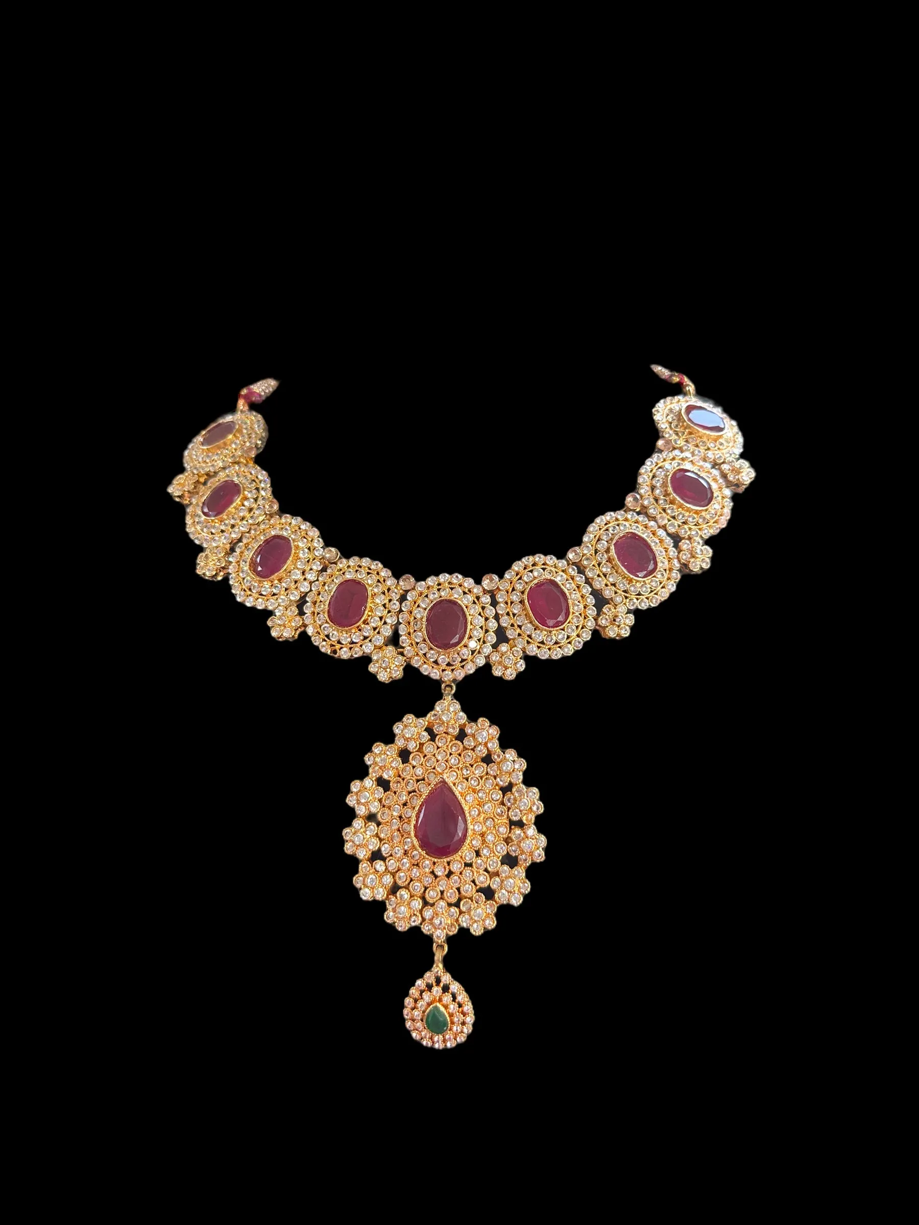 BR303 Ruby emerald with zircon combination gold plated necklace set ( READY TO SHIP )