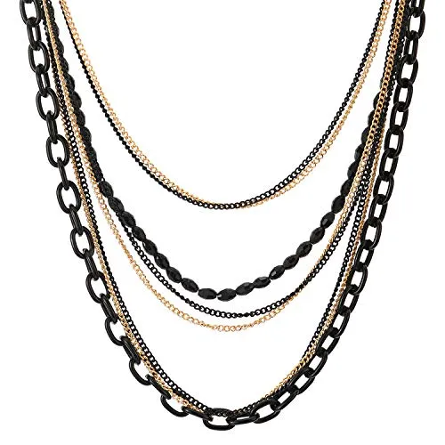 Choker Collar Statement Necklace Waterfall Multi-Strand Black Gold Chains with Gem Stone Bead String