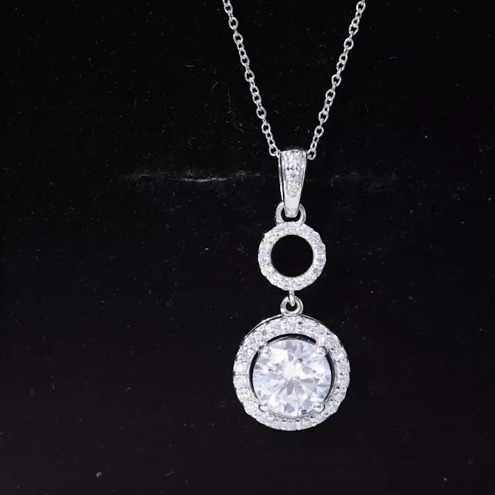 Claw Set Round Moissanite Halo Dangle Pendant Necklace in Silver