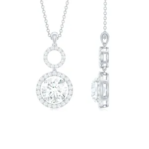 Claw Set Round Moissanite Halo Dangle Pendant Necklace in Silver