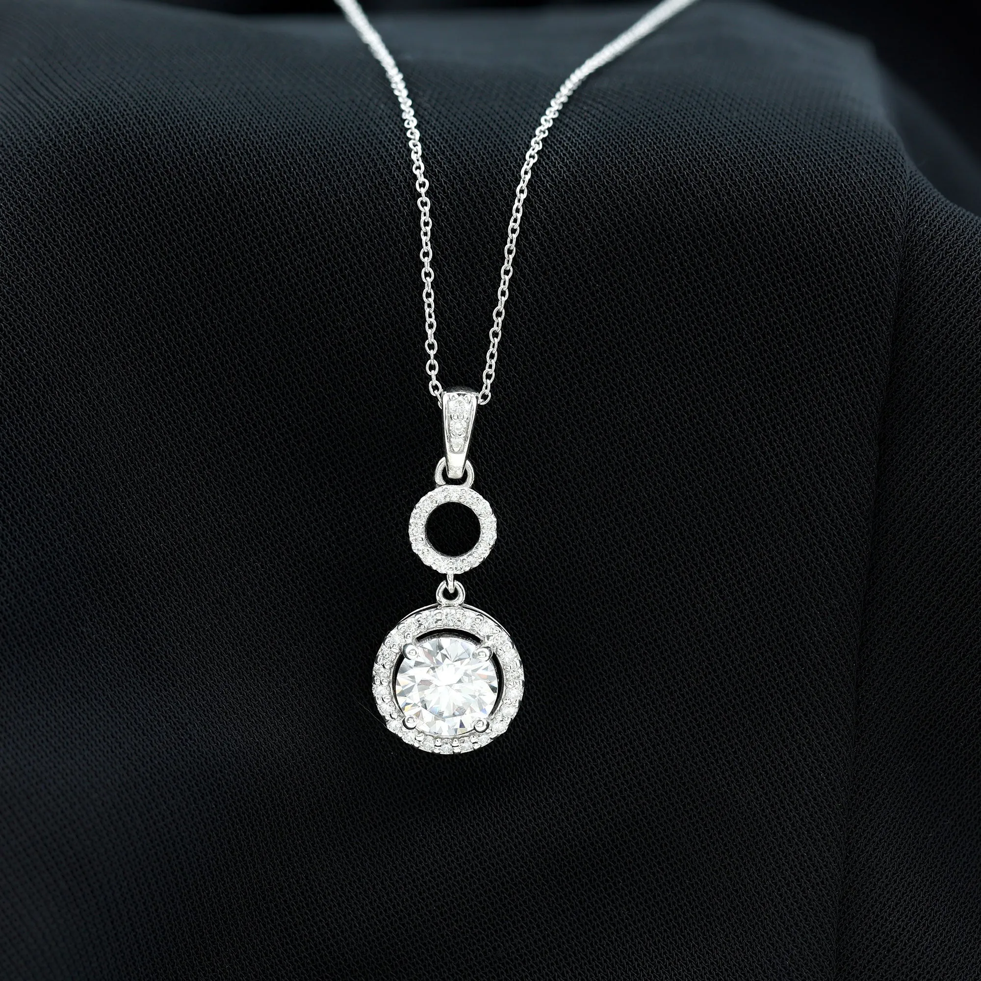 Claw Set Round Moissanite Halo Dangle Pendant Necklace in Silver