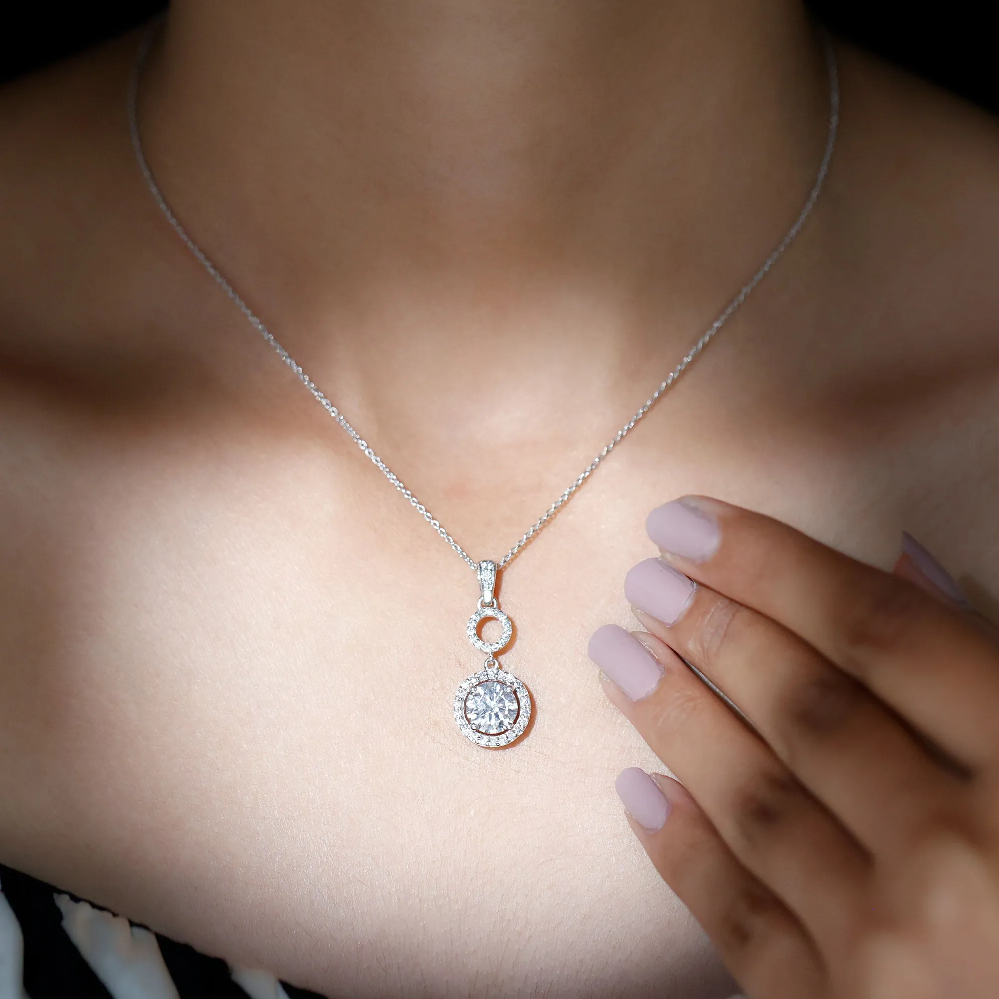 Claw Set Round Moissanite Halo Dangle Pendant Necklace in Silver