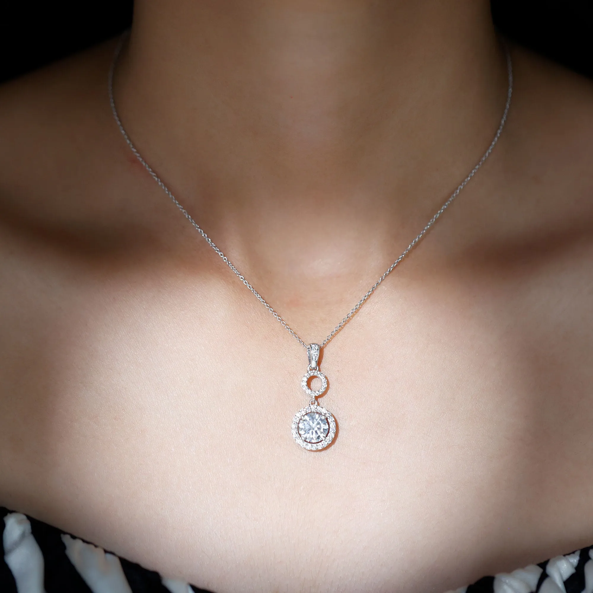 Claw Set Round Moissanite Halo Dangle Pendant Necklace in Silver