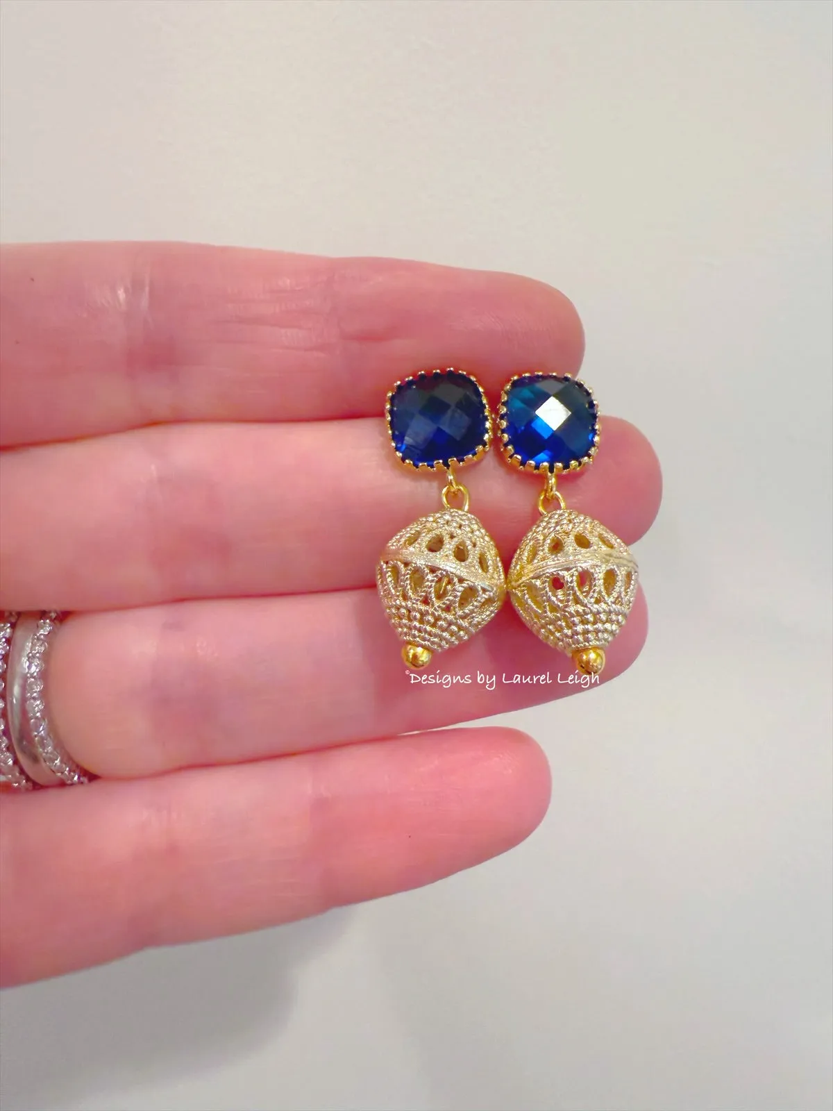 Dainty Gold Filigree & Blue Gemstone Earrings