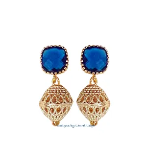 Dainty Gold Filigree & Blue Gemstone Earrings