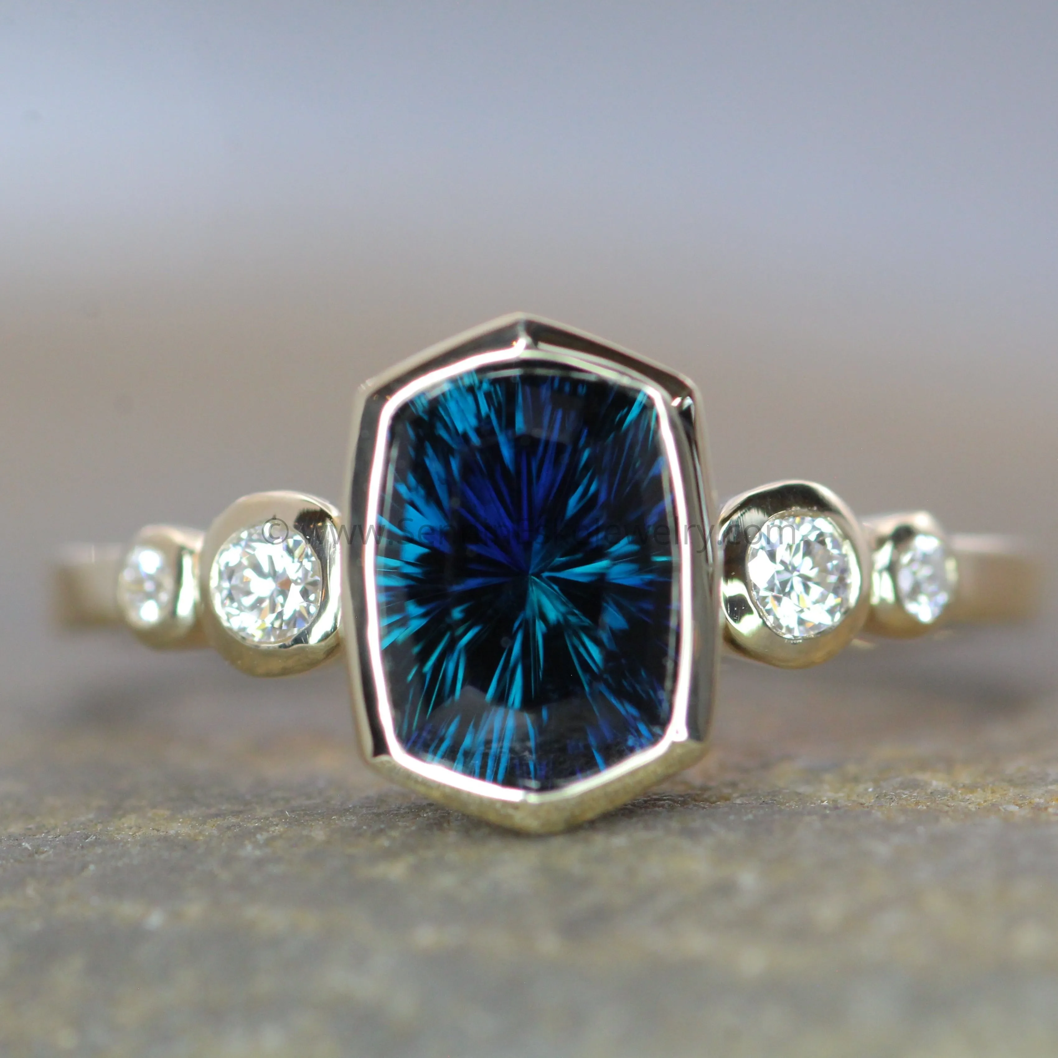 Five Stone Diamond Accented Multi Bezel Setting - Fantasy cut Kenyan Sapphire Depicted (Setting Only, Center Stone Sold Separately)