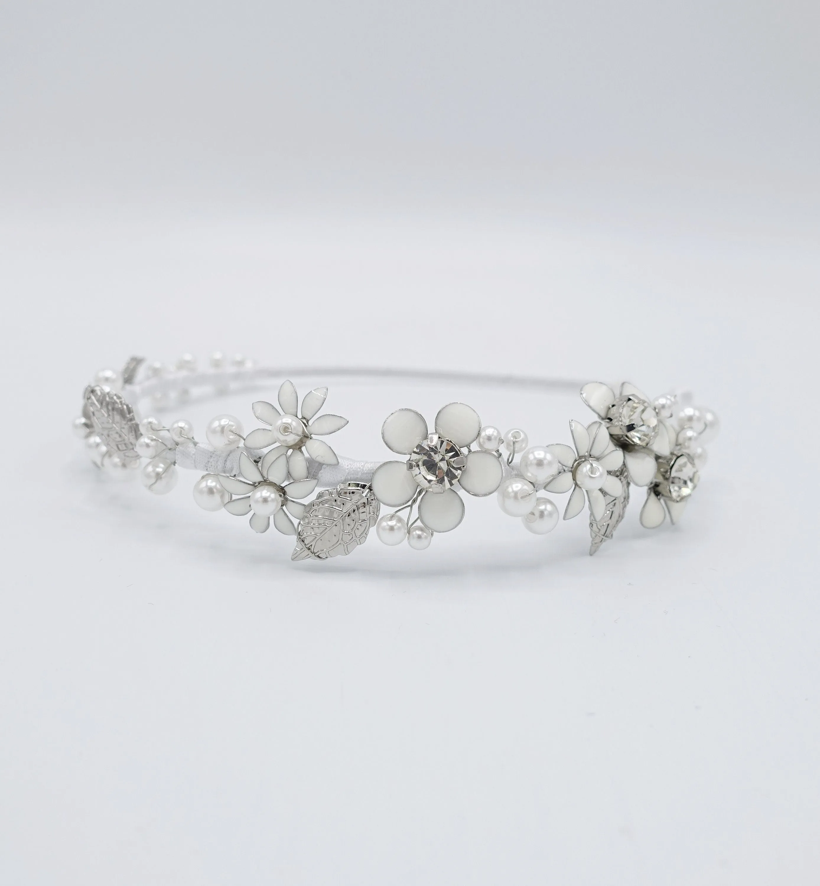 flower bridal headband  metal petal pearl embellished hairband for women