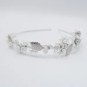 flower bridal headband  metal petal pearl embellished hairband for women