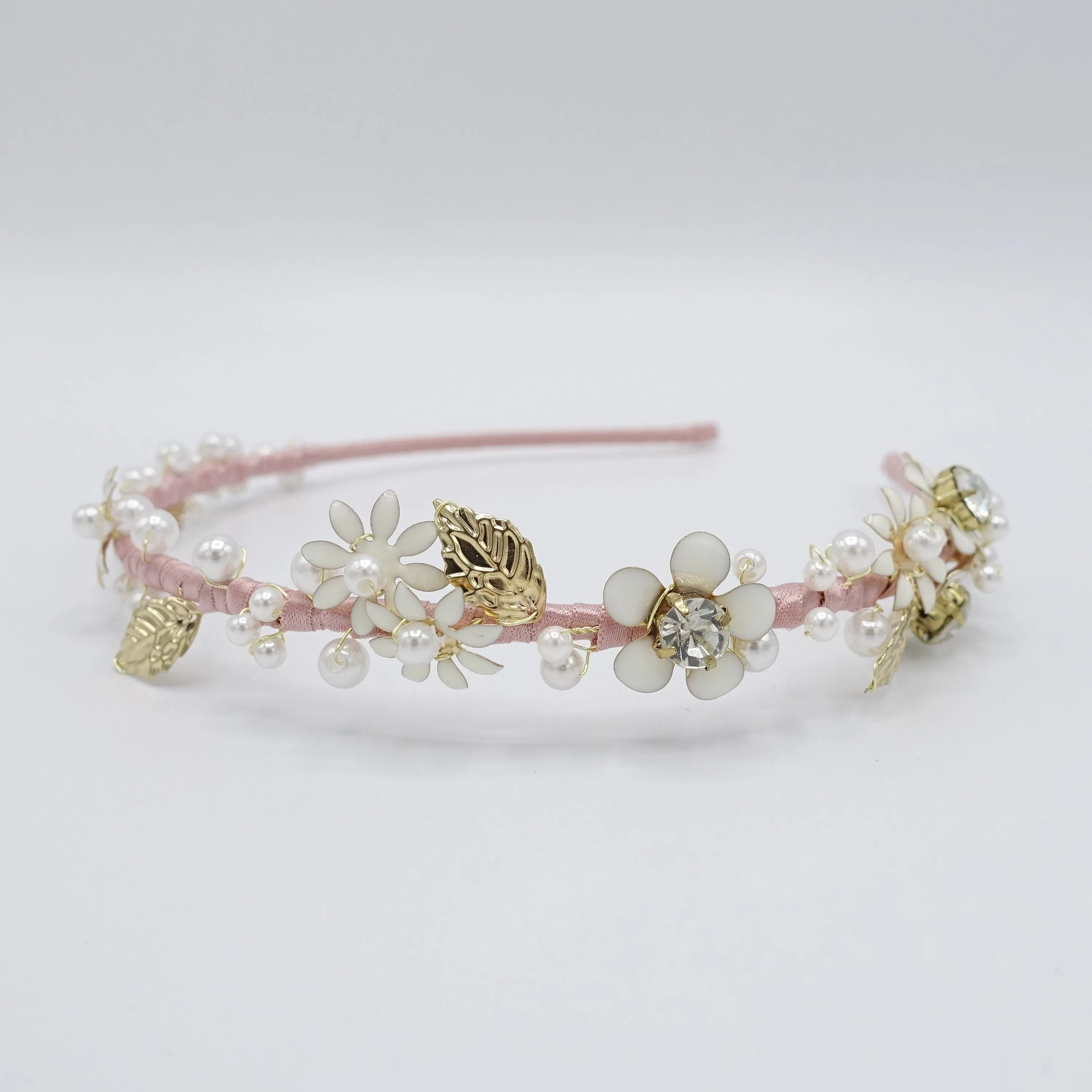 flower bridal headband  metal petal pearl embellished hairband for women