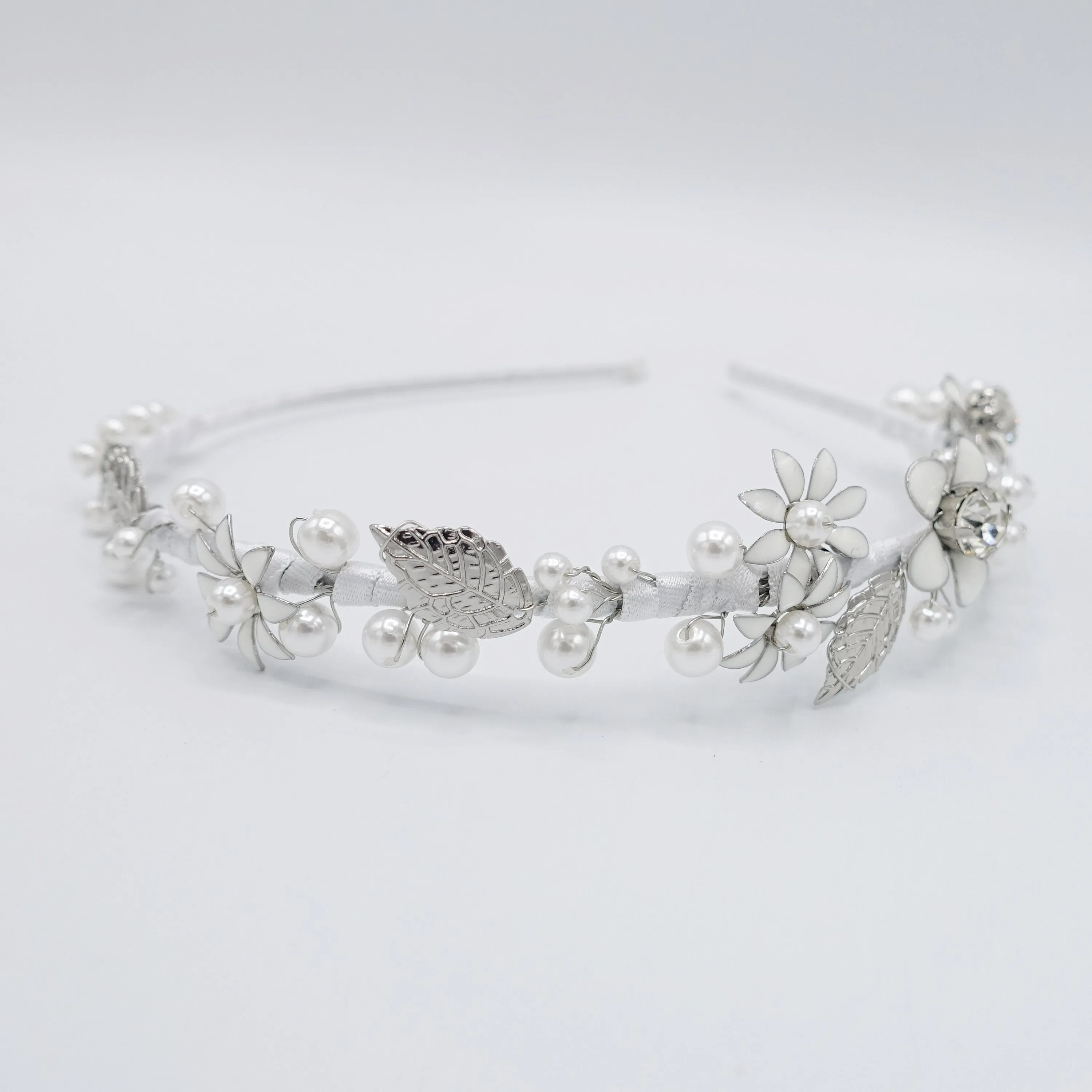 flower bridal headband  metal petal pearl embellished hairband for women