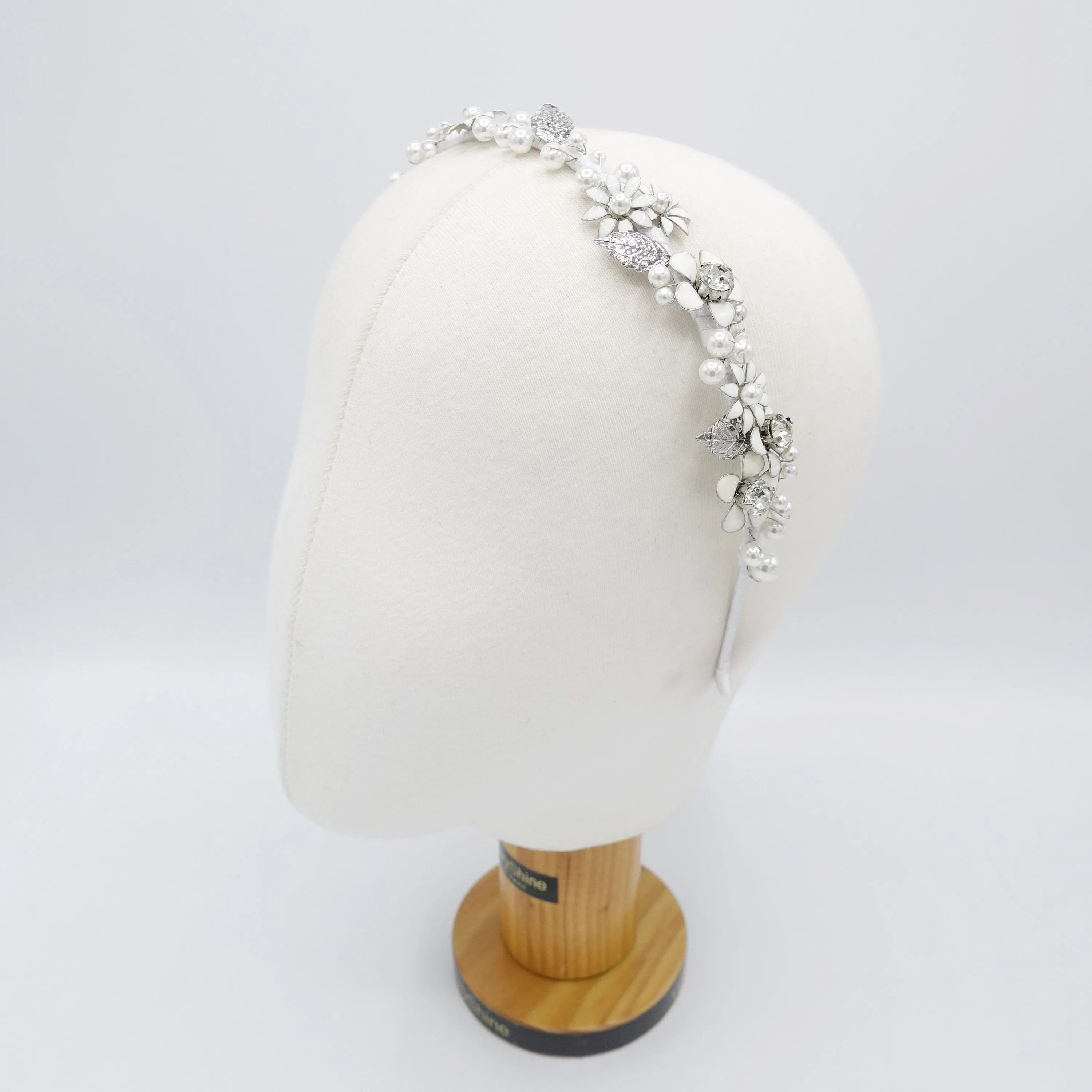 flower bridal headband  metal petal pearl embellished hairband for women