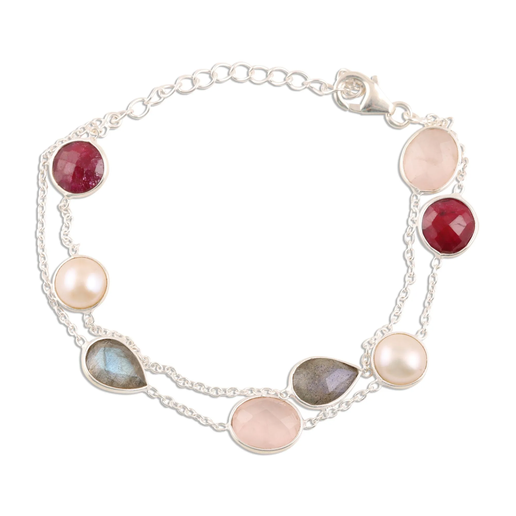 Glamorous Glisten Multi-Gemstone Station Strand Bracelet from India