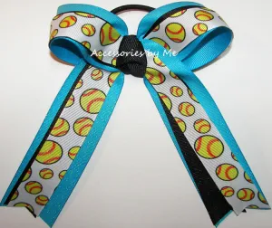 Glitter Softball Turquoise Blue Ponytail Bow