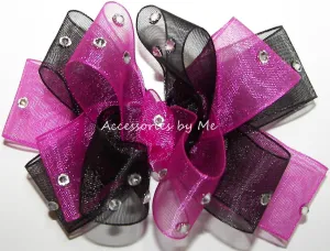 Glitzy Shocking Pink Black Organza Hair Bow