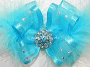 Glitzy Turquoise Blue Organza Marabou Hair Bow