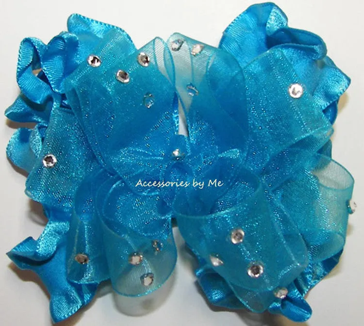 Glitzy Turquoise Blue Organza Ruffle Hair Bow