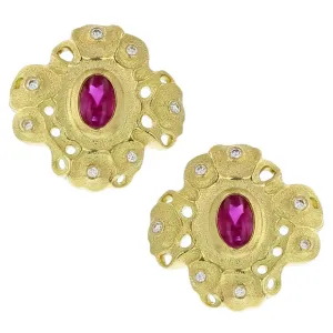 Gold Buff Top Ruby Rosette Earrings