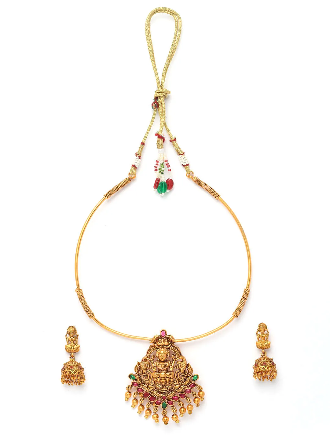 Gold-Plated Ruby Stone Temple Hasli Choker Jewellery Set