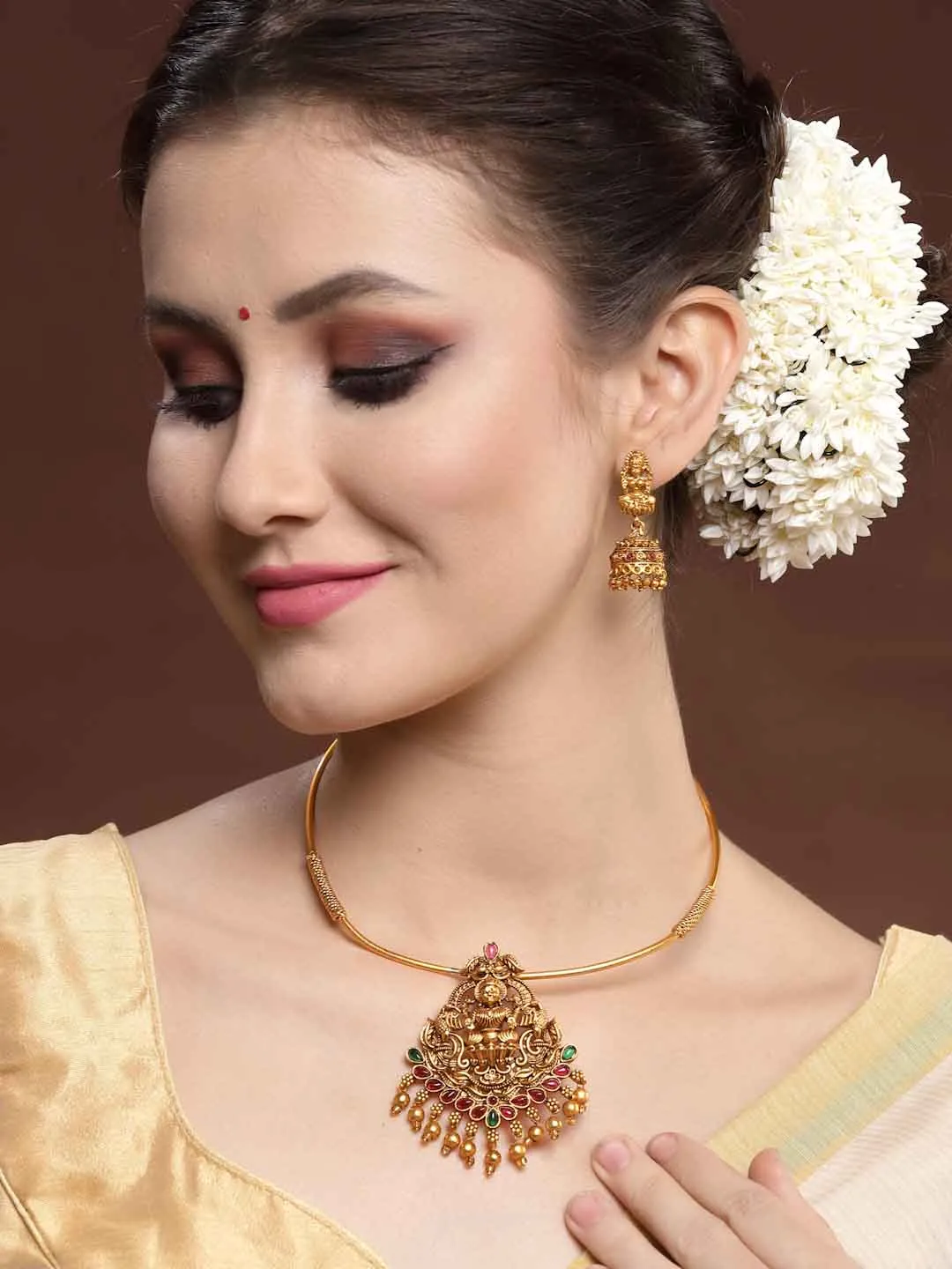 Gold-Plated Ruby Stone Temple Hasli Choker Jewellery Set