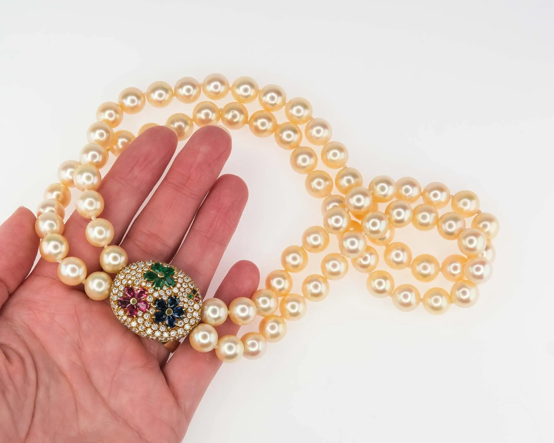 Gold South Sea Pearls Double Strand with Gem and Diamond Clasp in 18K Gold