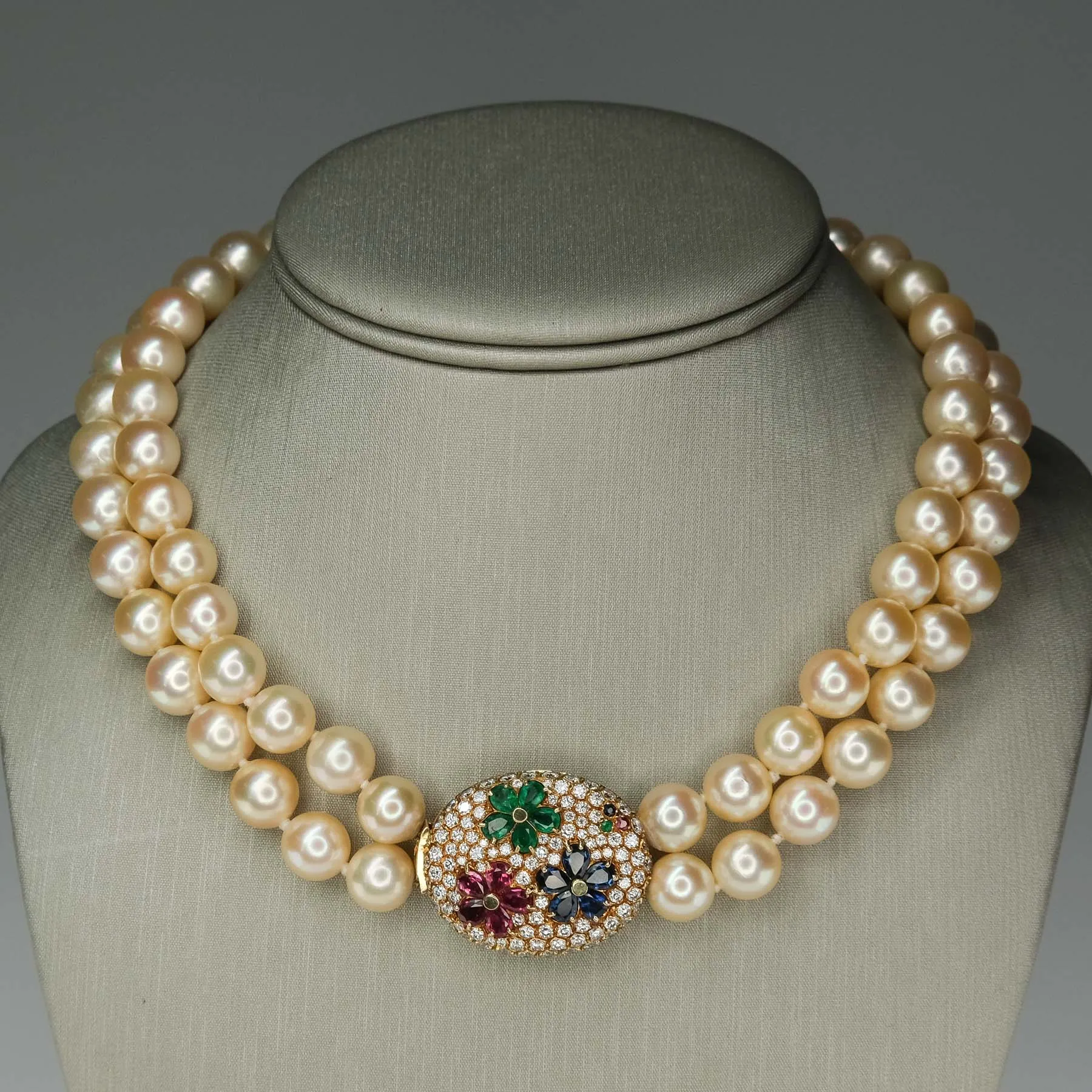 Gold South Sea Pearls Double Strand with Gem and Diamond Clasp in 18K Gold