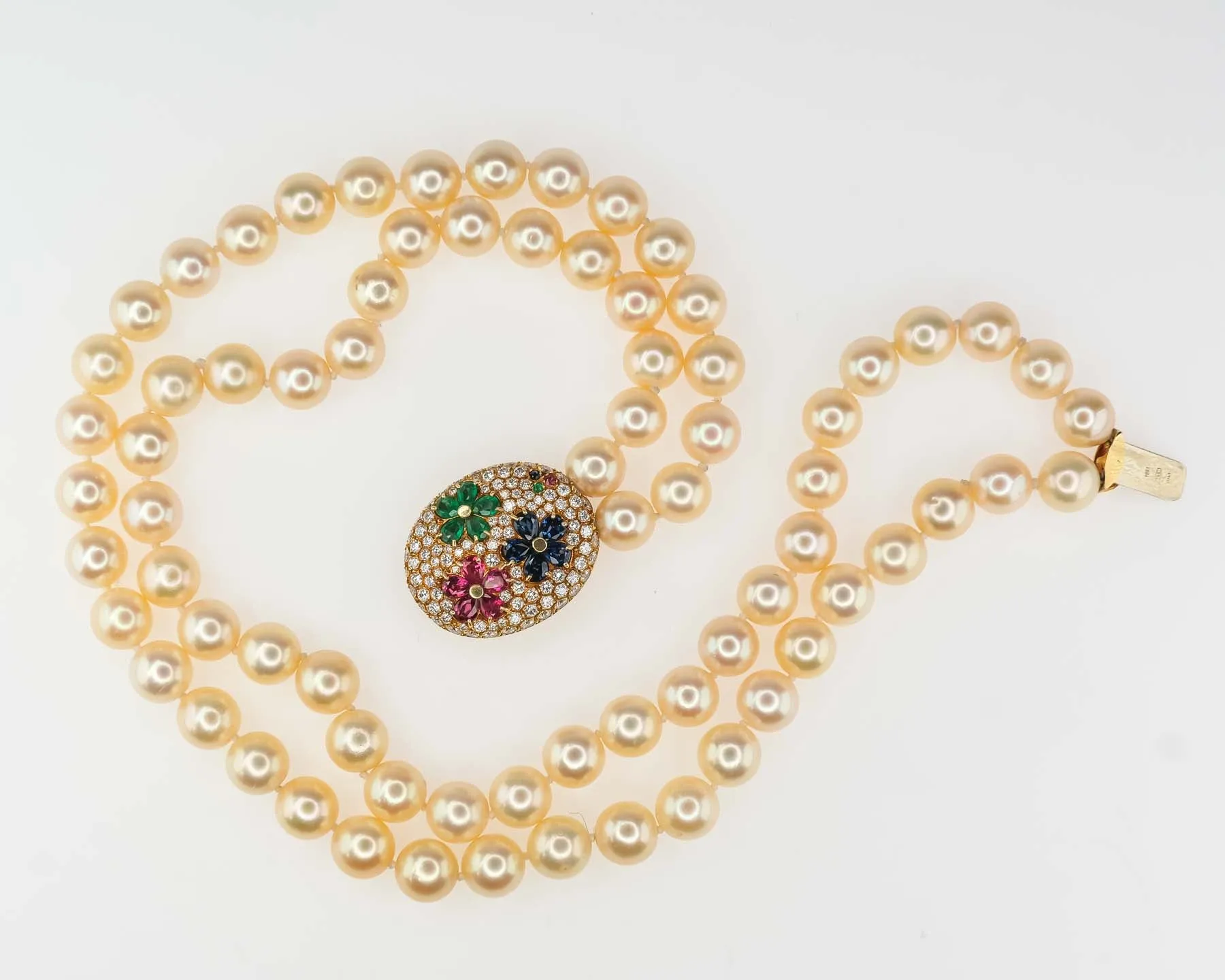 Gold South Sea Pearls Double Strand with Gem and Diamond Clasp in 18K Gold