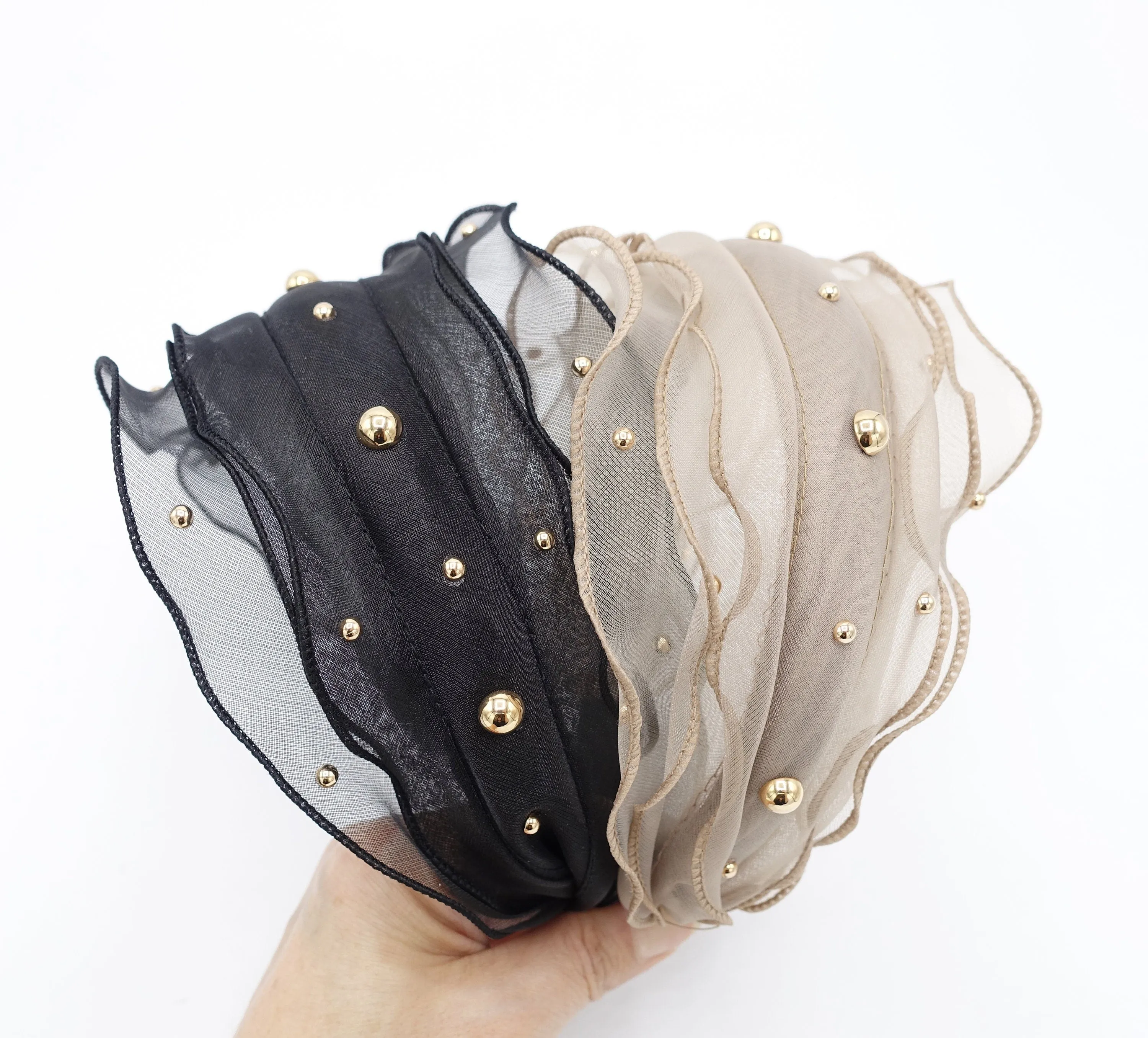 golden ball embellished triple lettuce hem headband organdy hairband mesh hair accessory for women