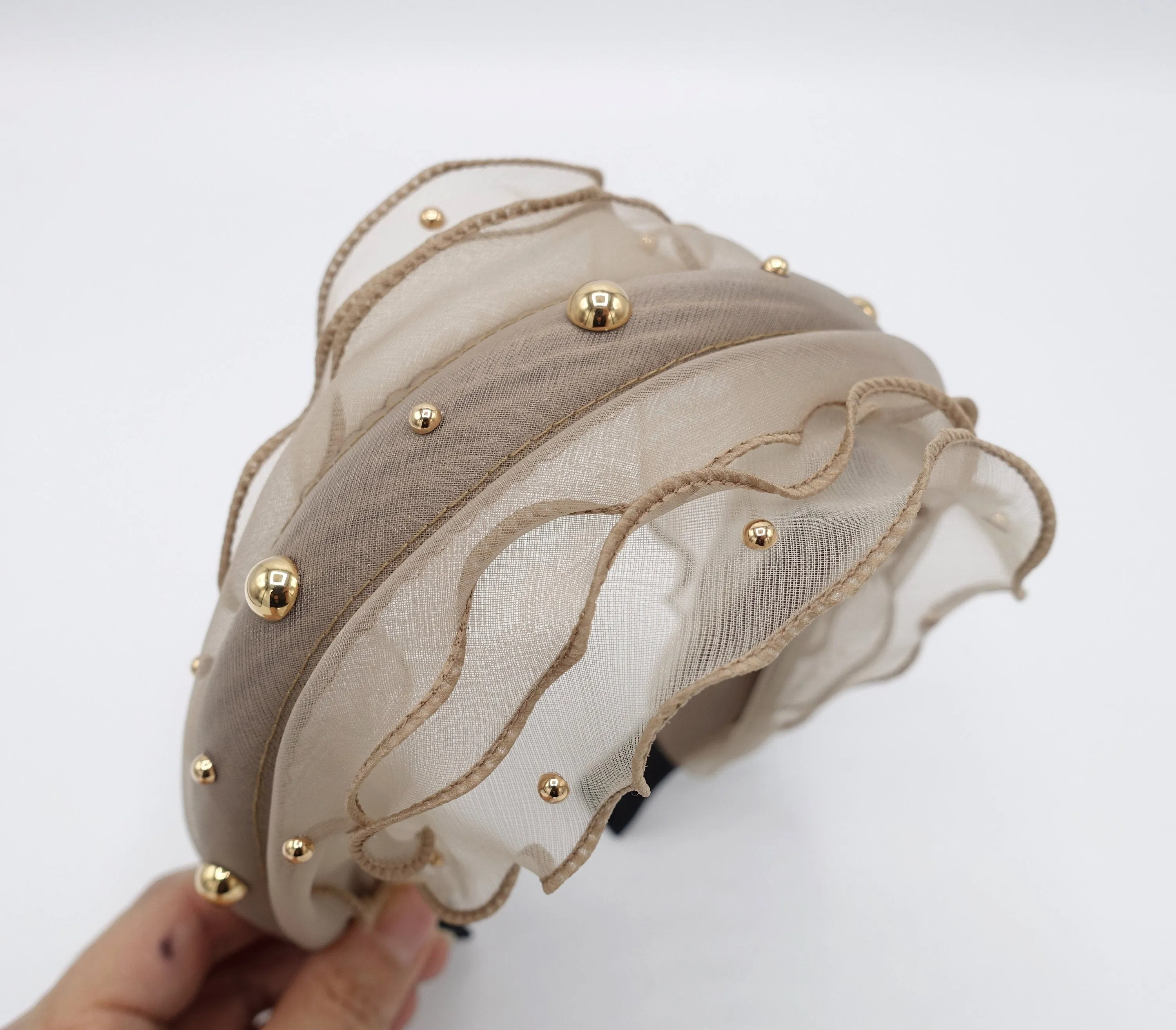 golden ball embellished triple lettuce hem headband organdy hairband mesh hair accessory for women