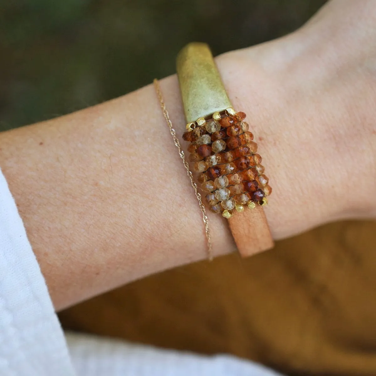 Hand Stitched Hessonite Garnet with Vermeil Trim & Leather Bracelet