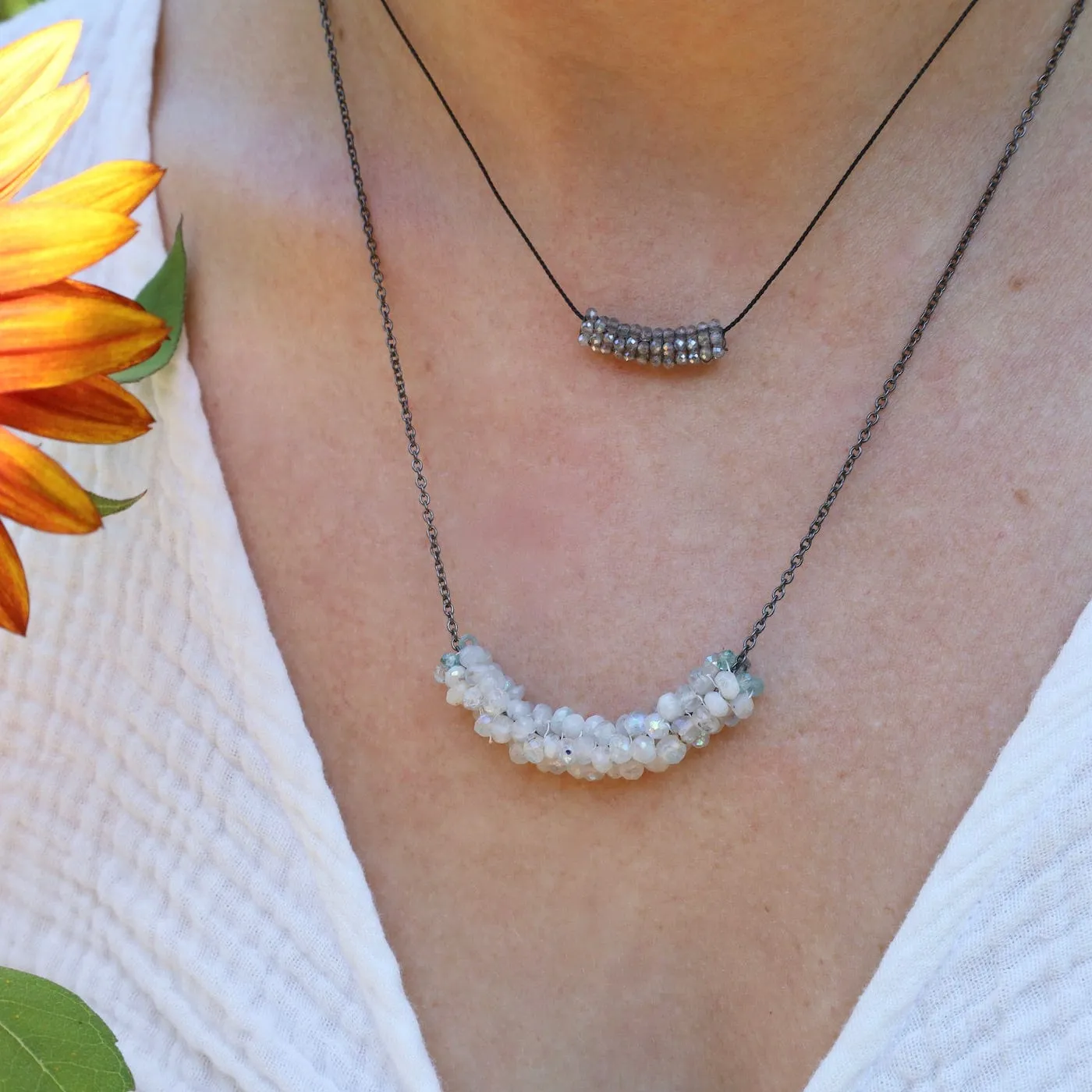 Hand Stitched Moonstone with Aquamarine Trim Necklace