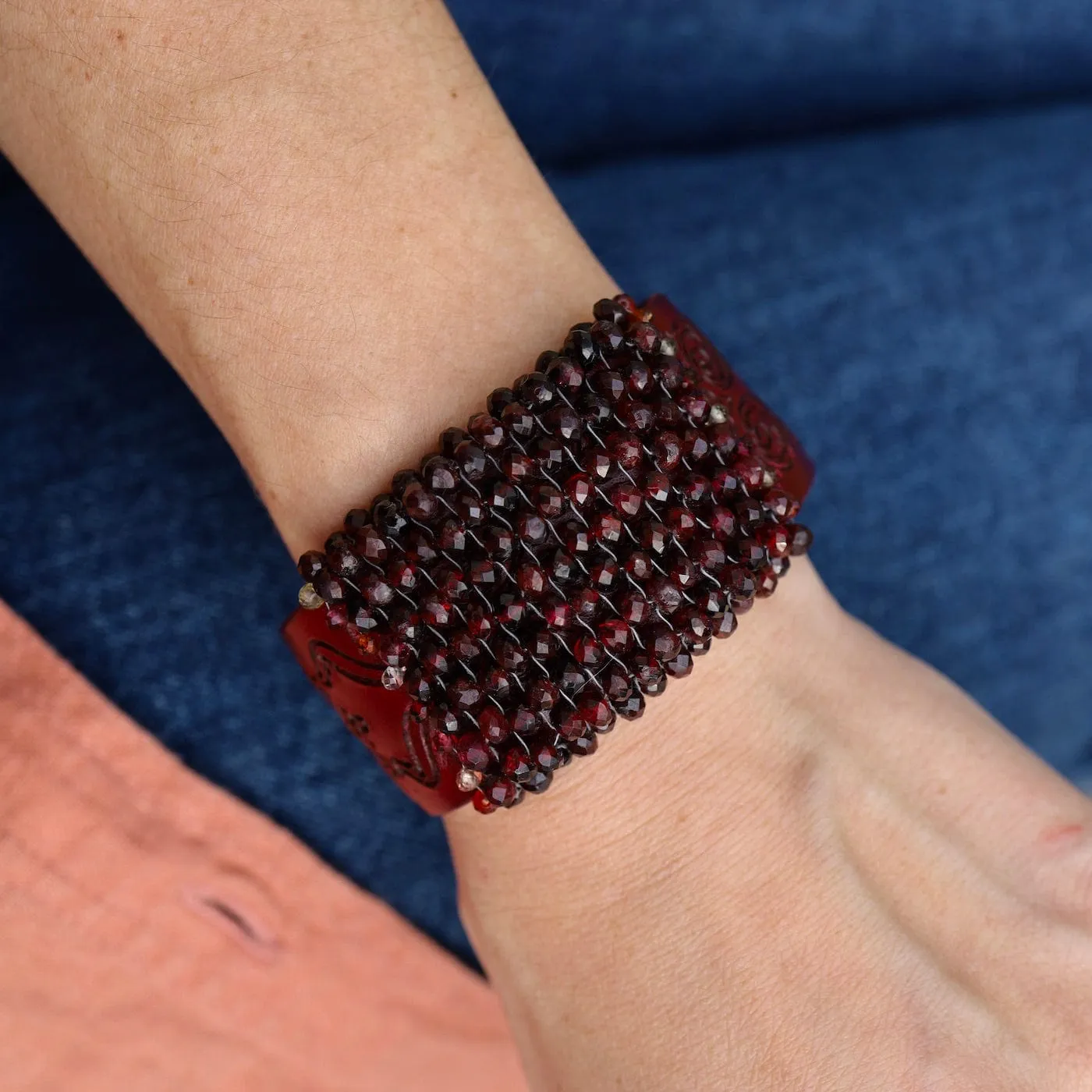 Hand Stitched Red Garnet on Carved Burgundy Leather Bracelet