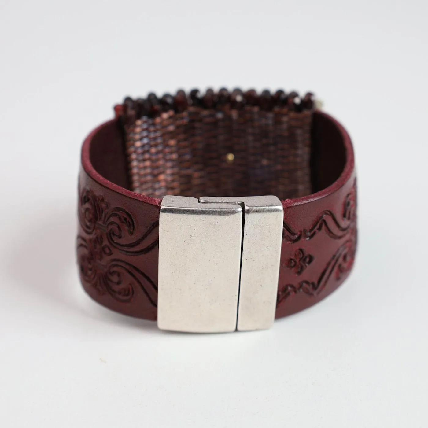 Hand Stitched Red Garnet on Carved Burgundy Leather Bracelet