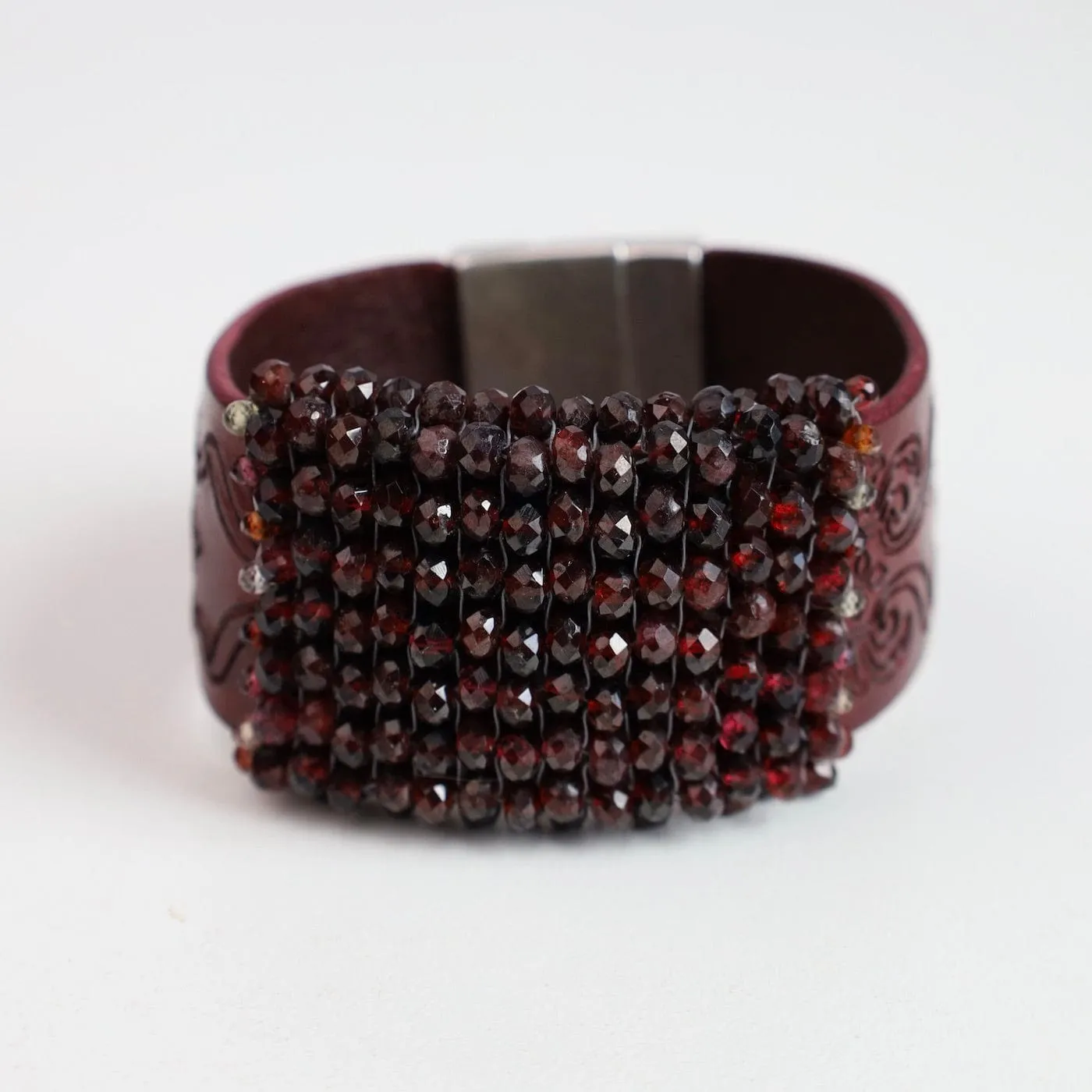 Hand Stitched Red Garnet on Carved Burgundy Leather Bracelet