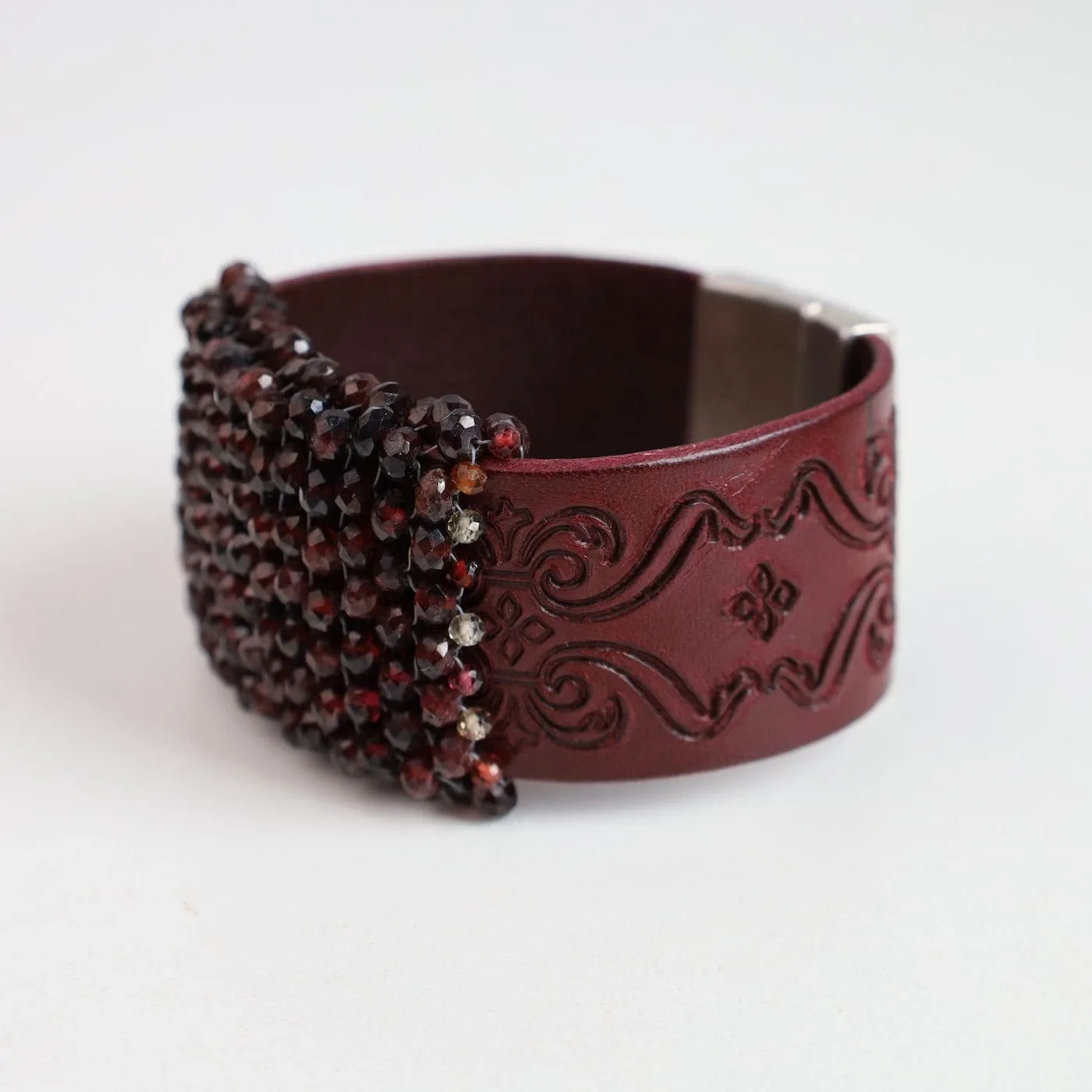 Hand Stitched Red Garnet on Carved Burgundy Leather Bracelet