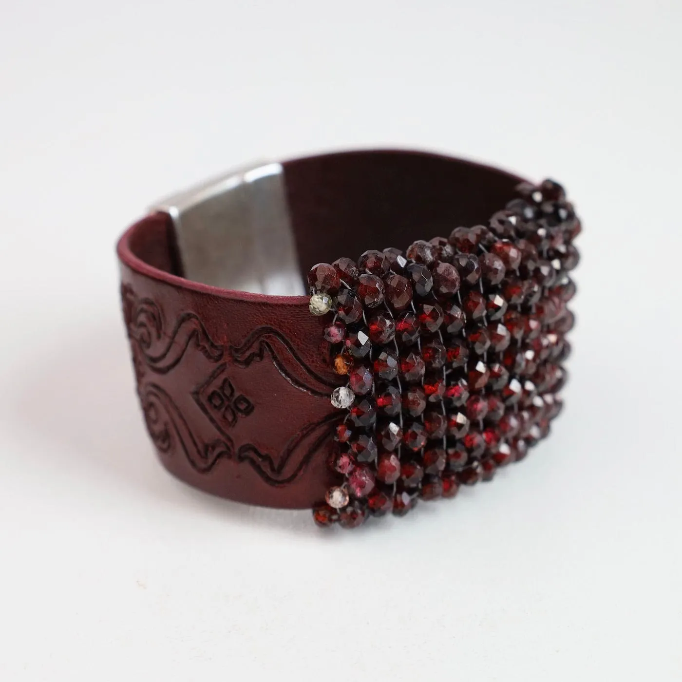 Hand Stitched Red Garnet on Carved Burgundy Leather Bracelet