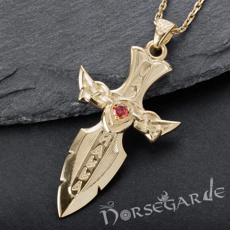 Handcrafted Valhalla Dagger Pendant - Gold with Ruby