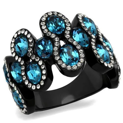 IP Black(Ion Plating) Stainless Steel Ring with Top Grade Crystal in Aquamarine for Women Style TK2289