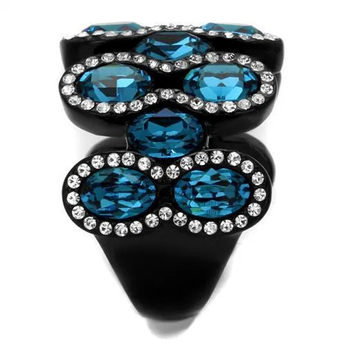 IP Black(Ion Plating) Stainless Steel Ring with Top Grade Crystal in Aquamarine for Women Style TK2289