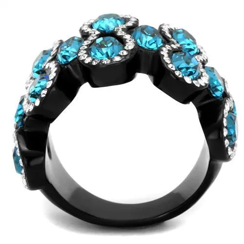 IP Black(Ion Plating) Stainless Steel Ring with Top Grade Crystal in Aquamarine for Women Style TK2289