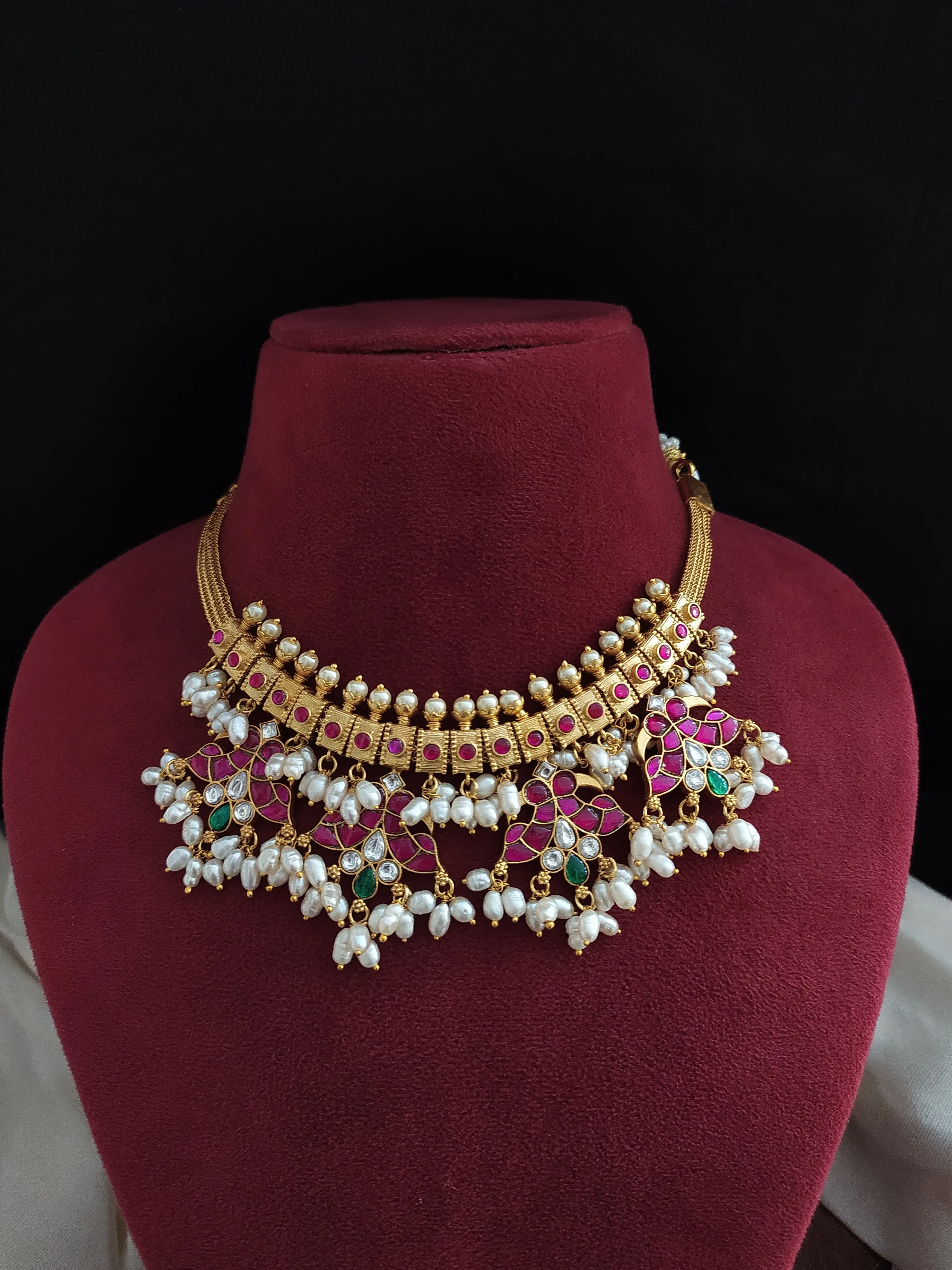 Jadau Kundan Guttapusalu Necklace Set with Peacock Design