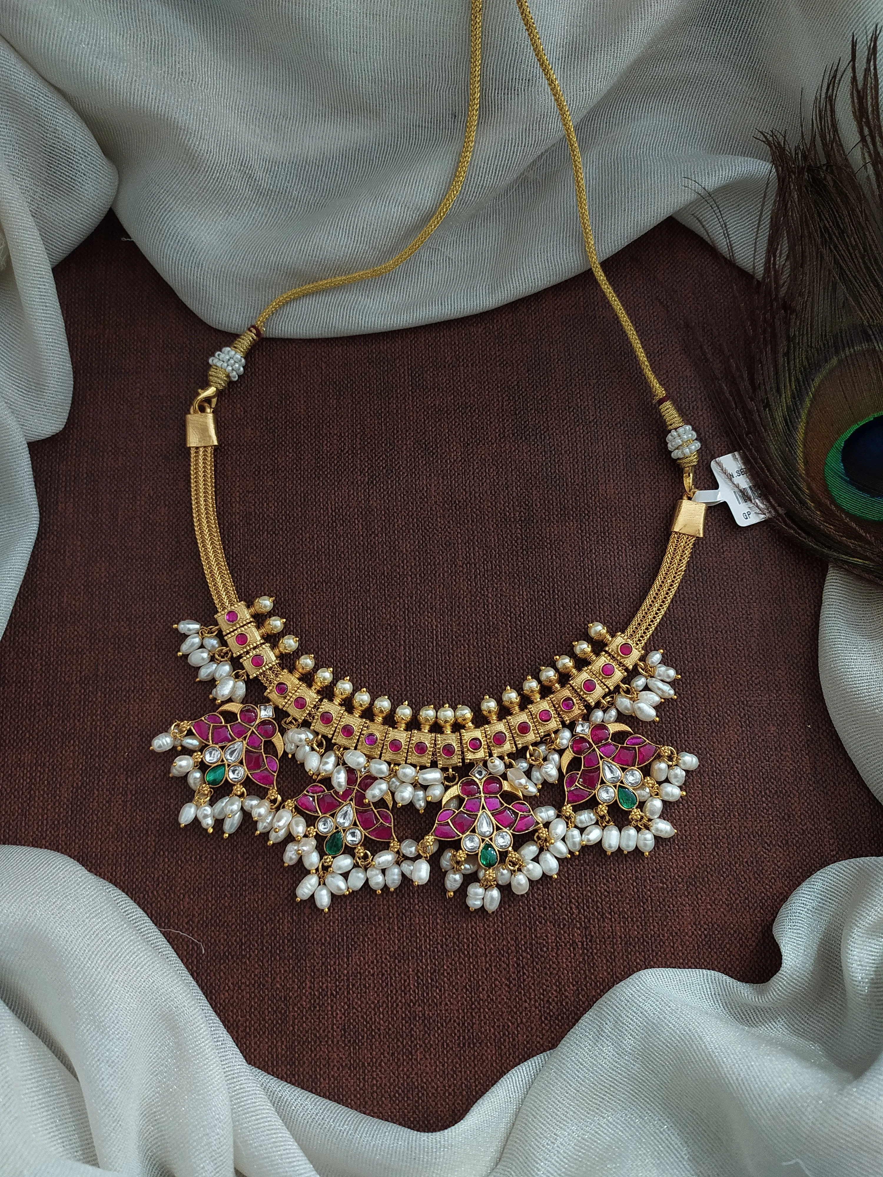 Jadau Kundan Guttapusalu Necklace Set with Peacock Design