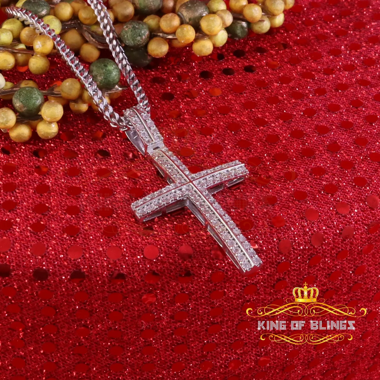 King Of Bling's 925 Sterling Silver 0.25CT Real Diamond Round Cut Cross White Necklace Pendant