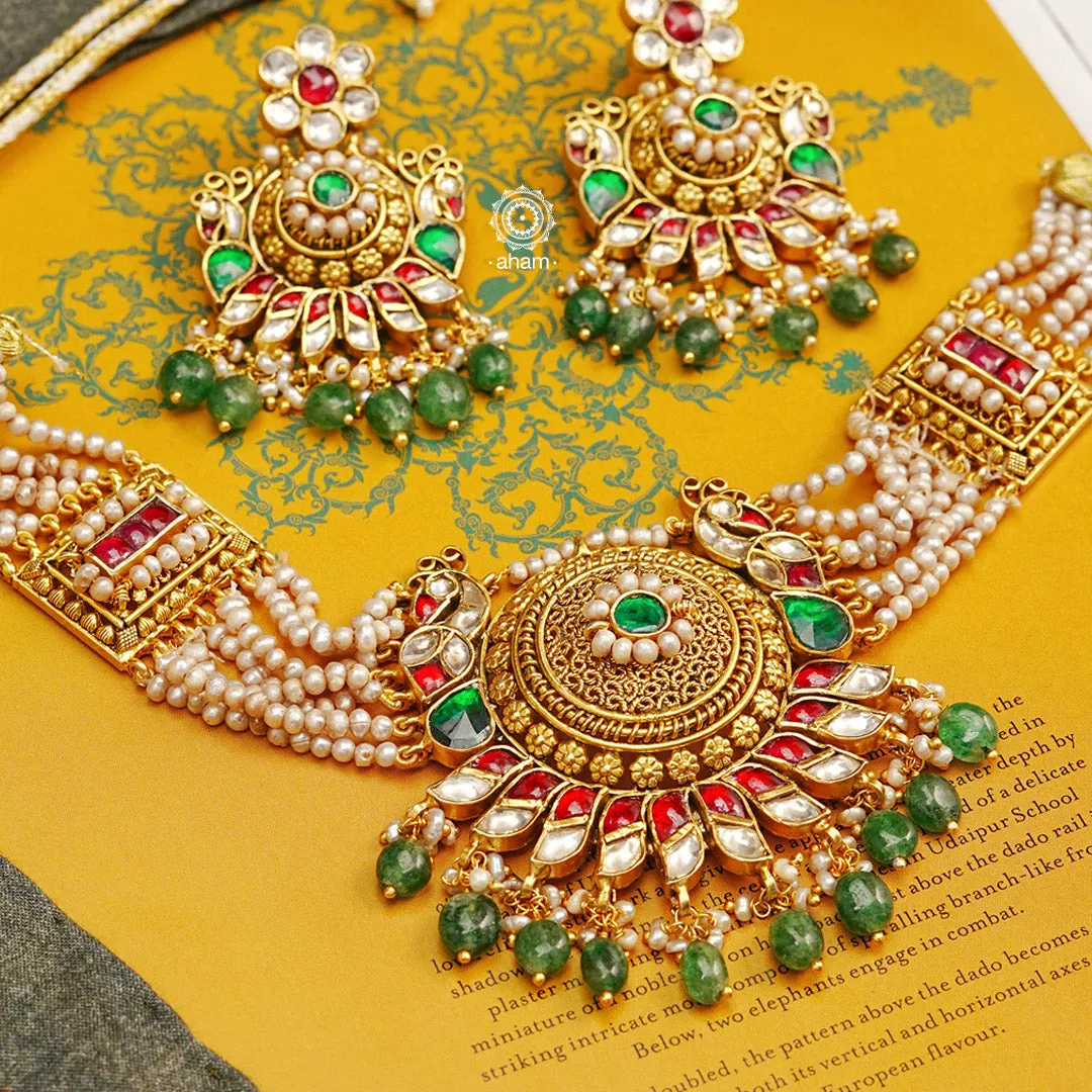 Kundan Peacock Gold Polish Silver Choker Set