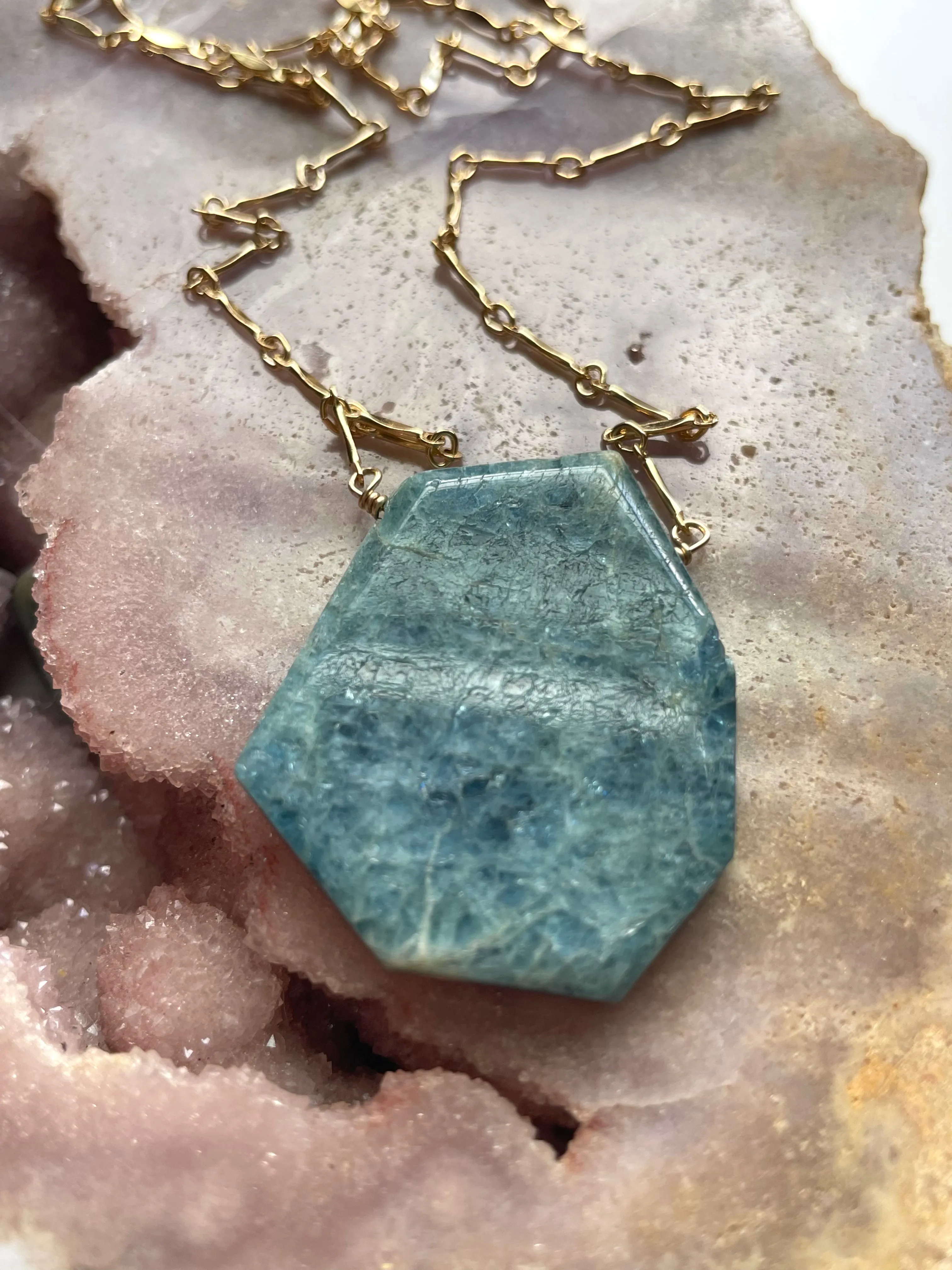 Large Blue Aquamarine Statement Necklace Gold Filled