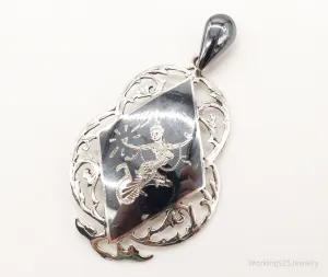 Large Vintage Siam Black Enamel Goddess Dancer Sterling Silver Pendant