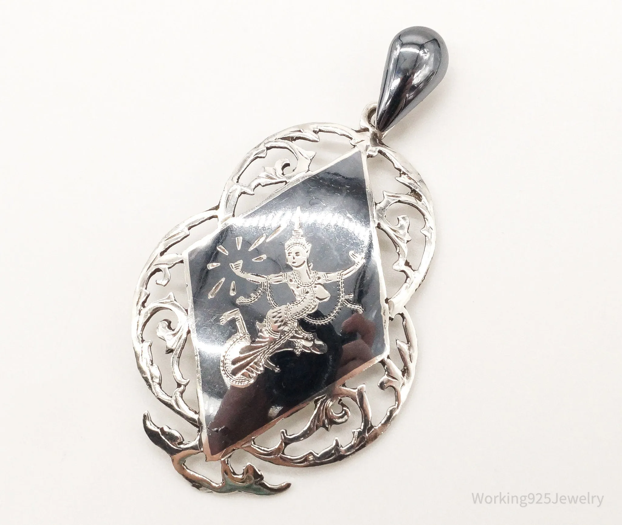 Large Vintage Siam Black Enamel Goddess Dancer Sterling Silver Pendant