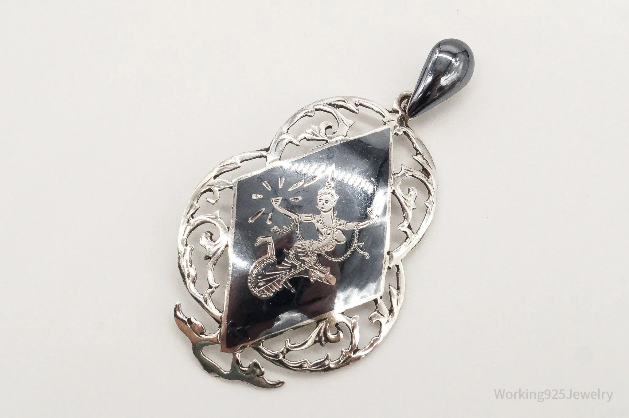 Large Vintage Siam Black Enamel Goddess Dancer Sterling Silver Pendant