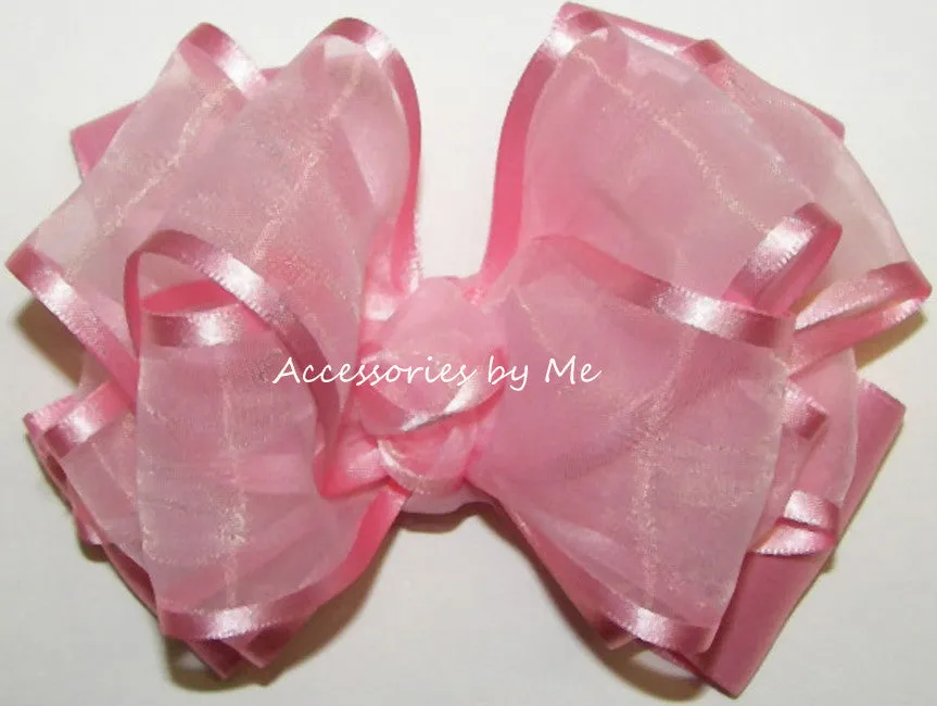 Light Pink Organza Satin Trim Hair Bow